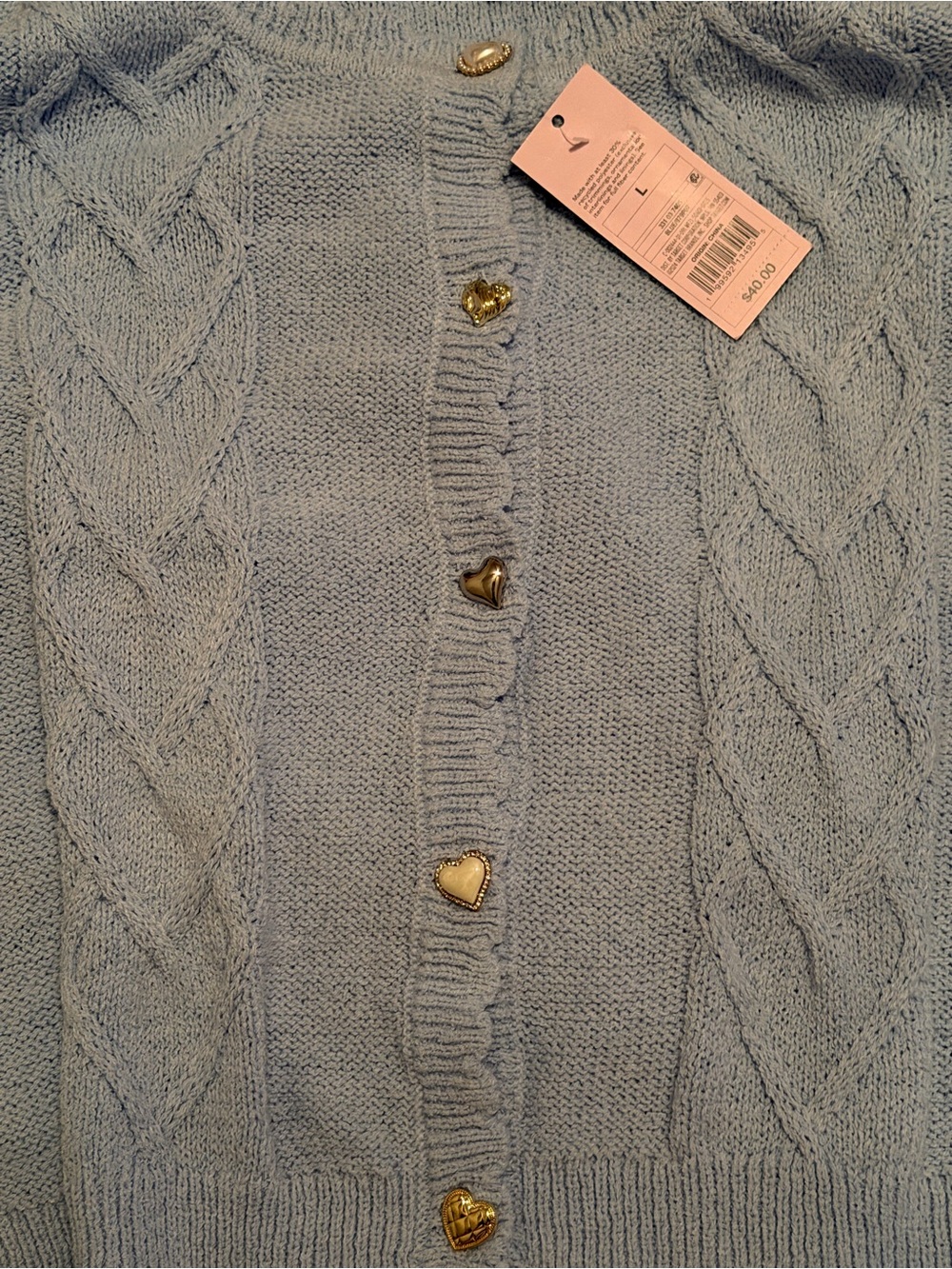 wild fable Light Blue Cable Knit Cardigan with Gold Heart Buttons